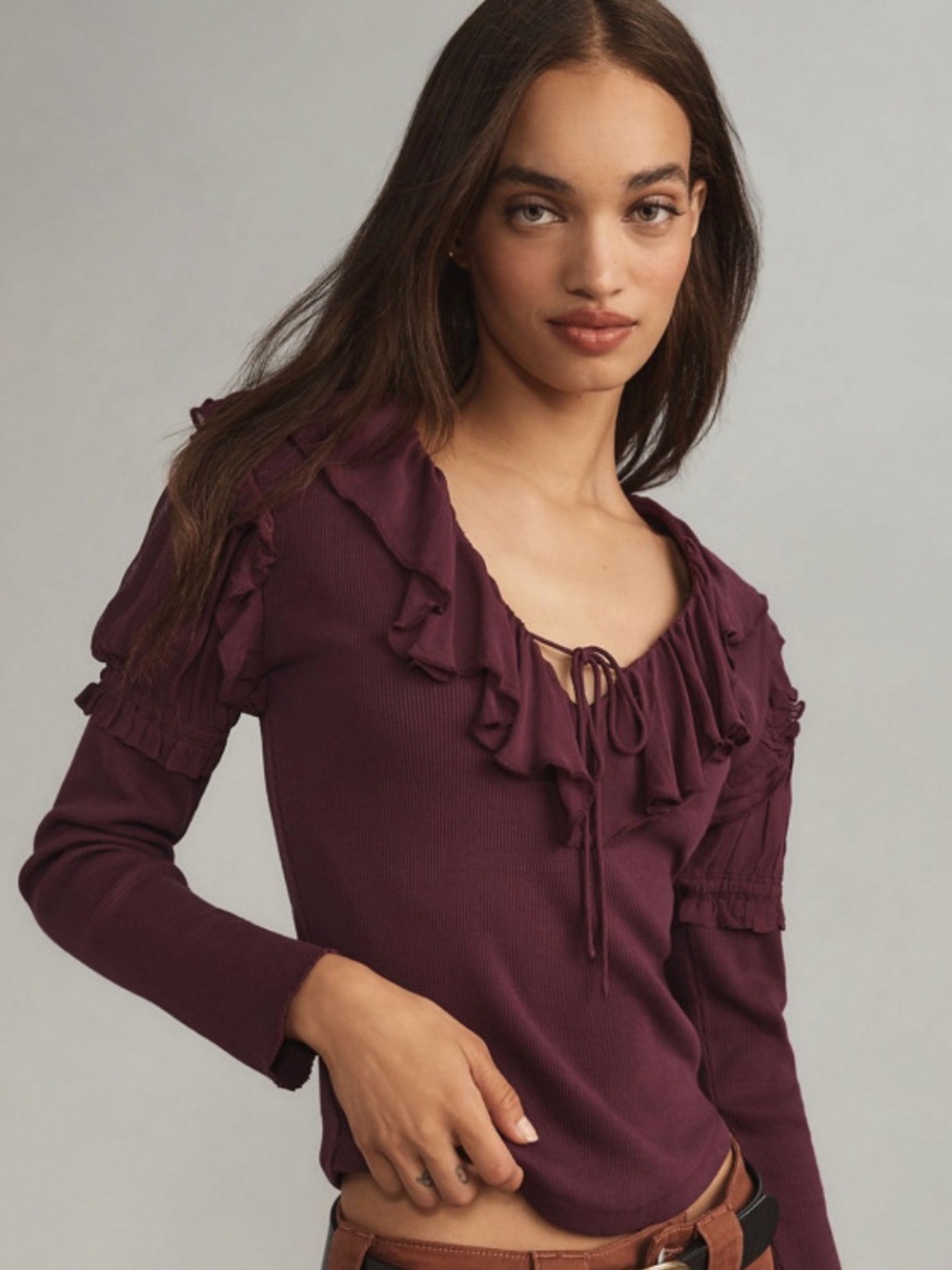 Anthropologie long sleeve ribbed top ruffle collar S
